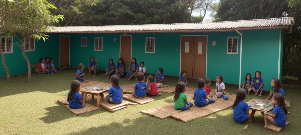 Alunos em uma escola do campo, aprendendo sobre educação ecológica e desenvolvimento sustentável em um ambiente rural.