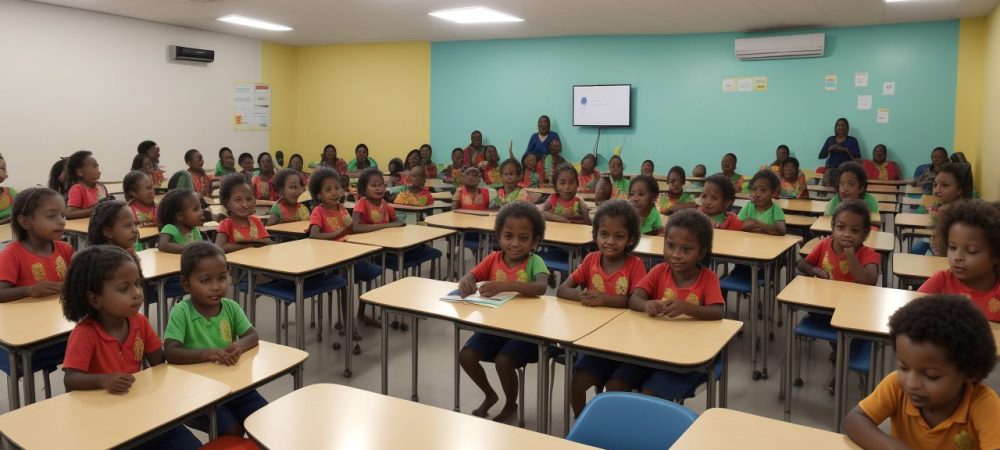 Crianças e professores em sala de aula, demonstrando a importância da educação inclusiva na relação entre escola e sociedade.