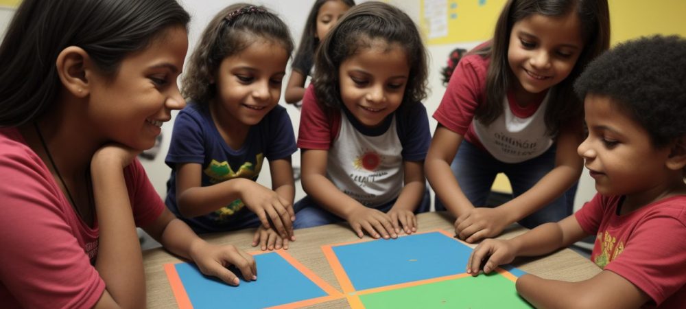 Imagem representando a relação entre escola e sociedade, com foco em educação inclusiva e seus desafios, mostrando uma sala de aula inclusiva e alunos interagindo.