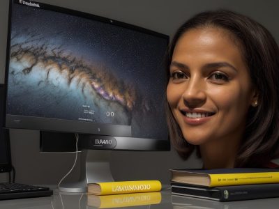 Imagem de um escritor usando um computador, cercado por livros e anotações, simbolizando o processo de escrita criativa e o curso para iniciantes.