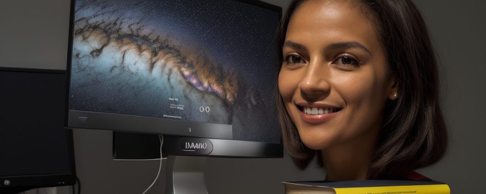 Imagem de um escritor usando um computador, cercado por livros e anotações, simbolizando o processo de escrita criativa e o curso para iniciantes.