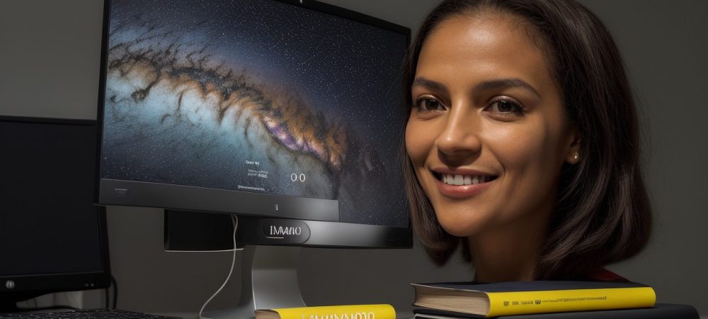 Imagem de um escritor usando um computador, cercado por livros e anotações, simbolizando o processo de escrita criativa e o curso para iniciantes.