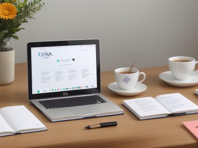 Ilustração de uma pessoa escrevendo em um ambiente inspirador, com referências a escrita criativa e curso de escrita.