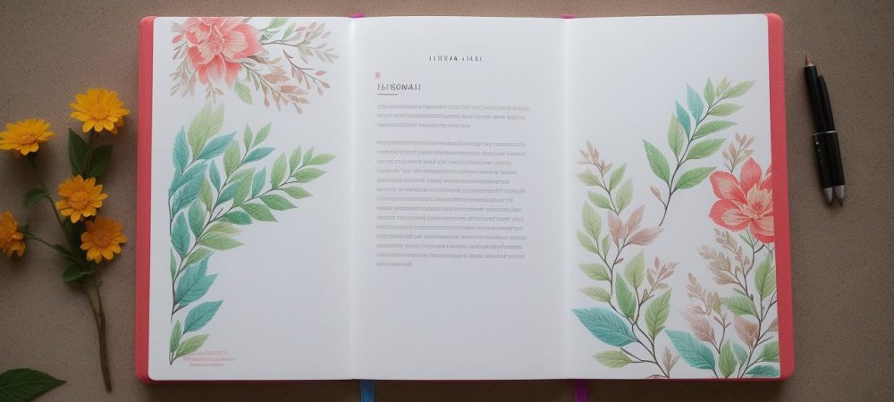 Alguém escrevendo em um caderno, com elementos visuais inspiradores de escrita criativa, como caneta, xícara de café, e post-its