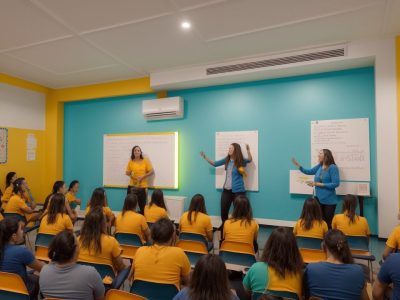Alunos engajados em aula de espanhol no ensino médio com atividades dinâmicas.