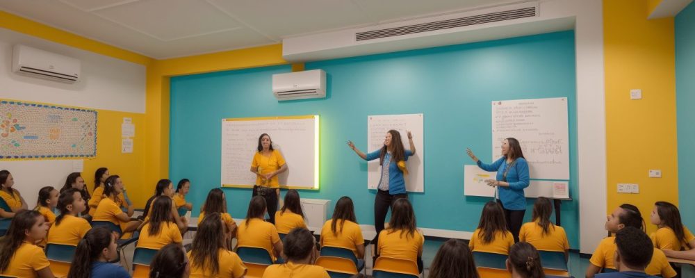Alunos engajados em aula de espanhol no ensino médio com atividades dinâmicas.
