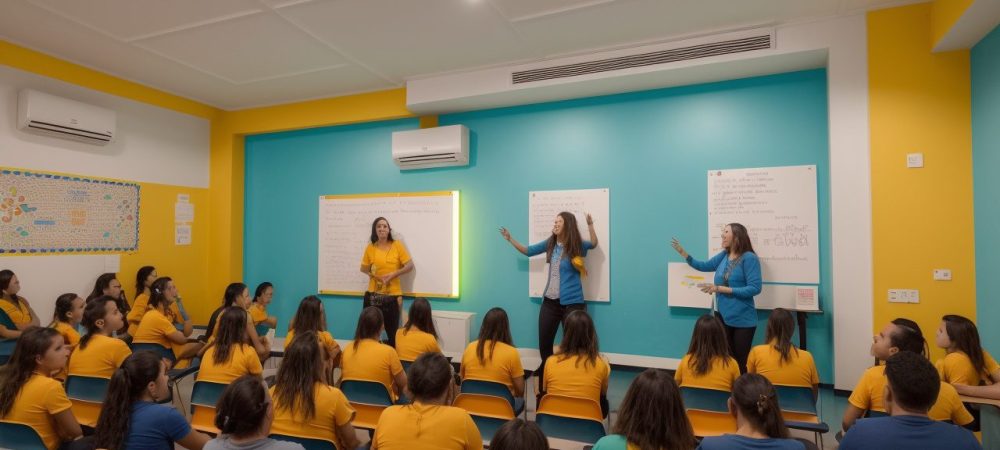 Alunos engajados em aula de espanhol no ensino médio com atividades dinâmicas.