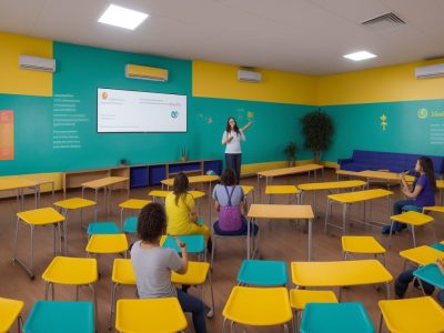 Alunos do ensino médio participando de atividades de espanhol em sala de aula, com foco em interação e aprendizado dinâmico.