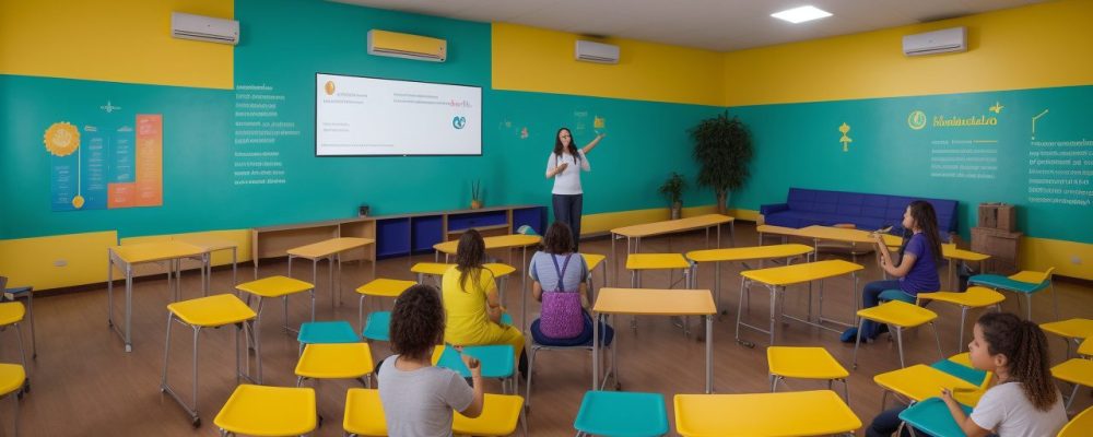 Alunos do ensino médio participando de atividades de espanhol em sala de aula, com foco em interação e aprendizado dinâmico.