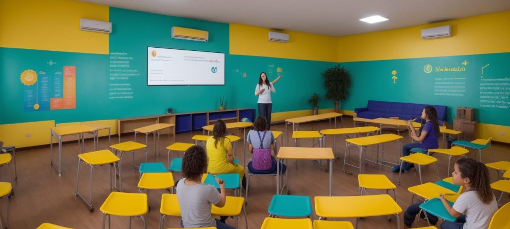 Alunos do ensino médio participando de atividades de espanhol em sala de aula, com foco em interação e aprendizado dinâmico.