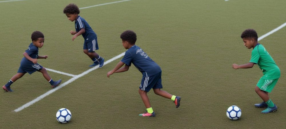 Crianças praticando esportes na escola, com foco em educação física e desenvolvimento infantil, promovendo saúde e bem-estar.