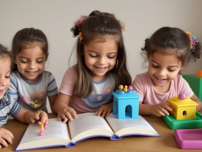 Crianças brincando e aprendendo em atividades de estimulação precoce, promovendo o desenvolvimento infantil.