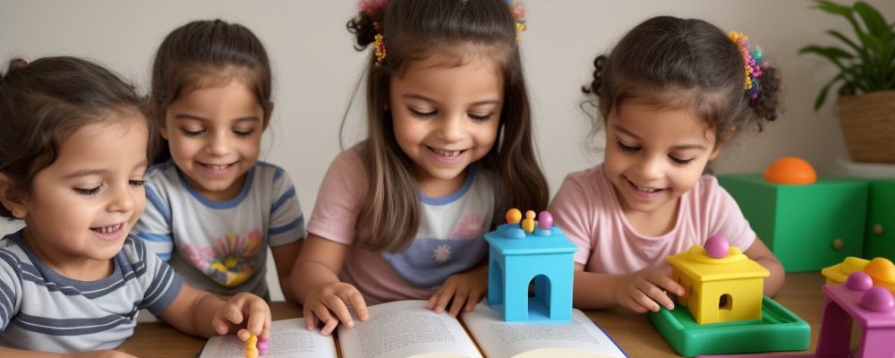 Crianças brincando e aprendendo em atividades de estimulação precoce, promovendo o desenvolvimento infantil.