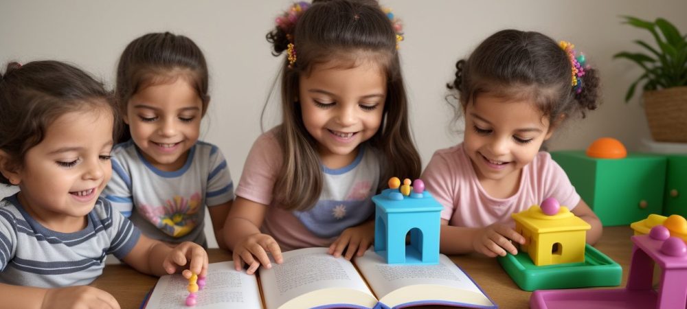 Crianças brincando e aprendendo em atividades de estimulação precoce, promovendo o desenvolvimento infantil.