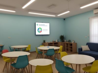 Ambiente de sala de aula inovador com estudantes interagindo em atividades para superar dificuldades de aprendizagem