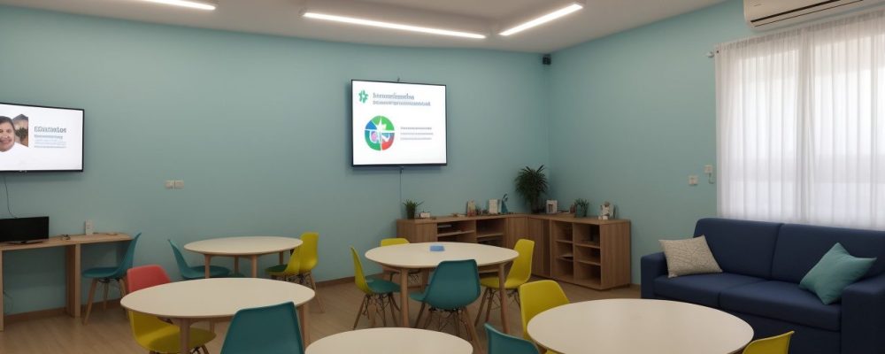 Ambiente de sala de aula inovador com estudantes interagindo em atividades para superar dificuldades de aprendizagem