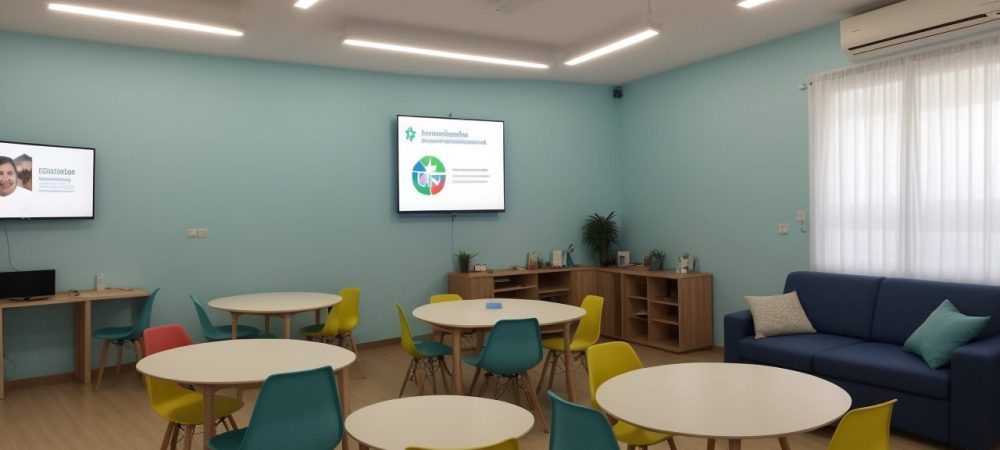 Ambiente de sala de aula inovador com estudantes interagindo em atividades para superar dificuldades de aprendizagem