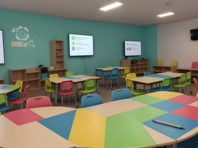 Ambiente escolar com alunos utilizando materiais interativos para superar dificuldades de aprendizagem