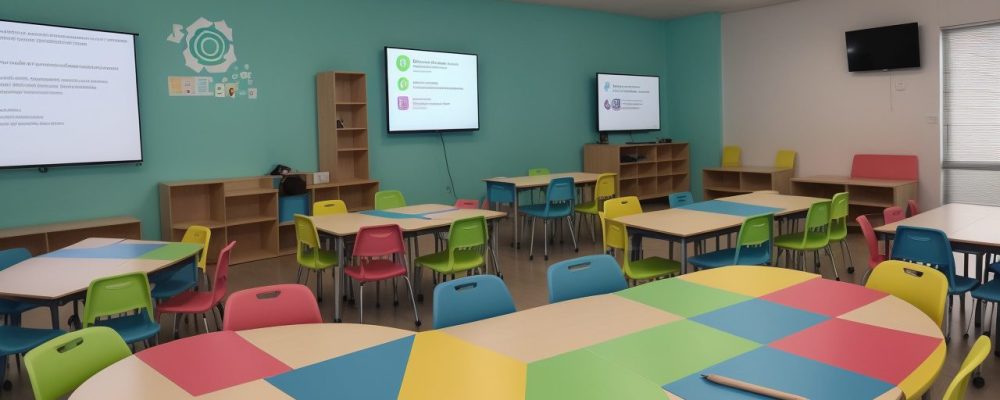Ambiente escolar com alunos utilizando materiais interativos para superar dificuldades de aprendizagem