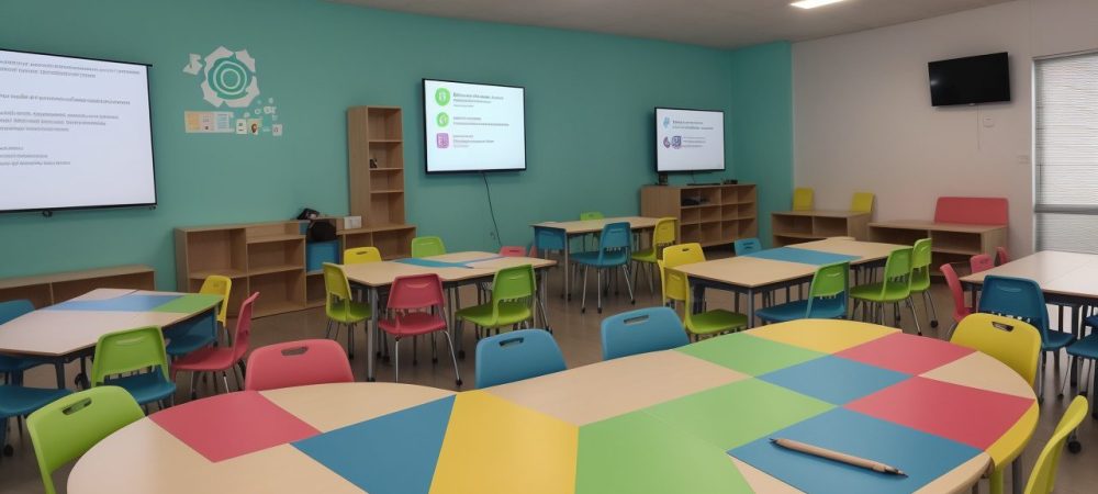 Ambiente escolar com alunos utilizando materiais interativos para superar dificuldades de aprendizagem