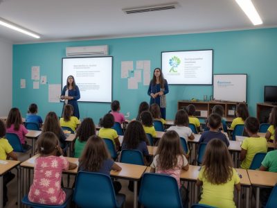 Sala de aula moderna com recursos educativos abordando dificuldades de aprendizagem e estratégias