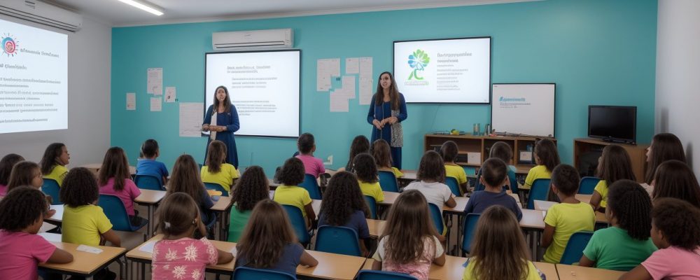 Sala de aula moderna com recursos educativos abordando dificuldades de aprendizagem e estratégias