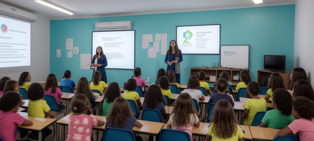 Sala de aula moderna com recursos educativos abordando dificuldades de aprendizagem e estratégias