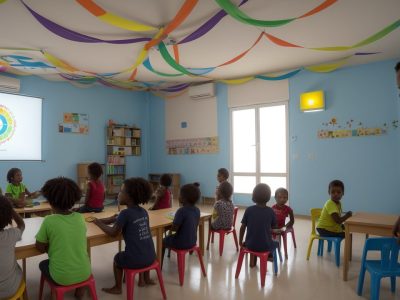 Crianças e adolescentes aprendendo em uma sala de aula inclusiva, com foco em estratégias para deficiência auditiva, como aparelhos auditivos e comunicação visual.