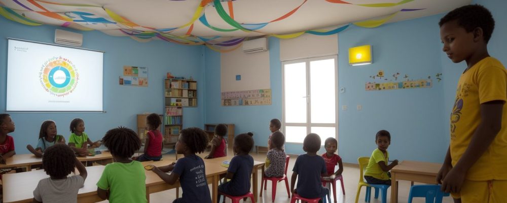 Crianças e adolescentes aprendendo em uma sala de aula inclusiva, com foco em estratégias para deficiência auditiva, como aparelhos auditivos e comunicação visual.