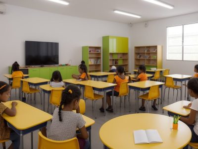 Sala de aula com atividades práticas e recursos tecnológicos para ajudar alunos com dificuldades de aprendizagem
