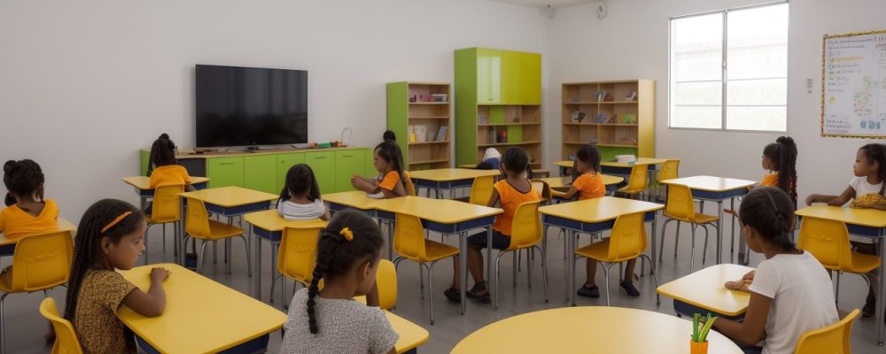Sala de aula com atividades práticas e recursos tecnológicos para ajudar alunos com dificuldades de aprendizagem