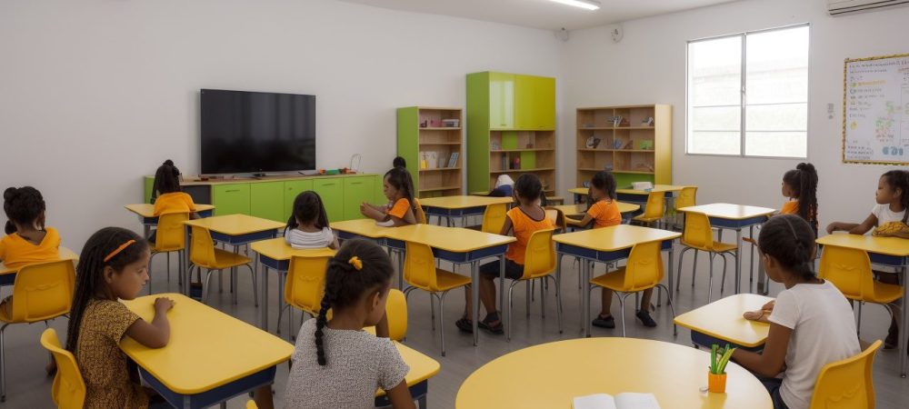 Sala de aula com atividades práticas e recursos tecnológicos para ajudar alunos com dificuldades de aprendizagem