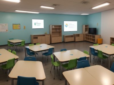 Sala de aula inovadora com estudantes aplicando estratégias práticas para dificuldades de aprendizagem.