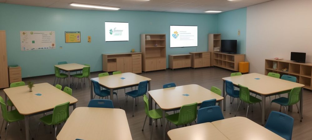 Sala de aula inovadora com estudantes aplicando estratégias práticas para dificuldades de aprendizagem.