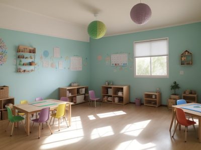 Professor utilizando estratégias pedagógicas inclusivas para autismo em sala de aula, com recursos visuais e alunos interagindo.