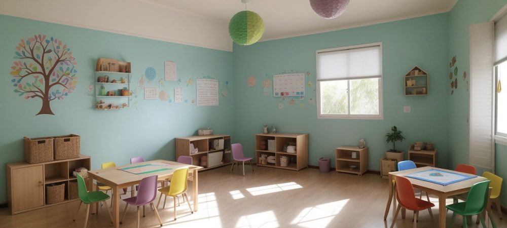 Professor utilizando estratégias pedagógicas inclusivas para autismo em sala de aula, com recursos visuais e alunos interagindo.