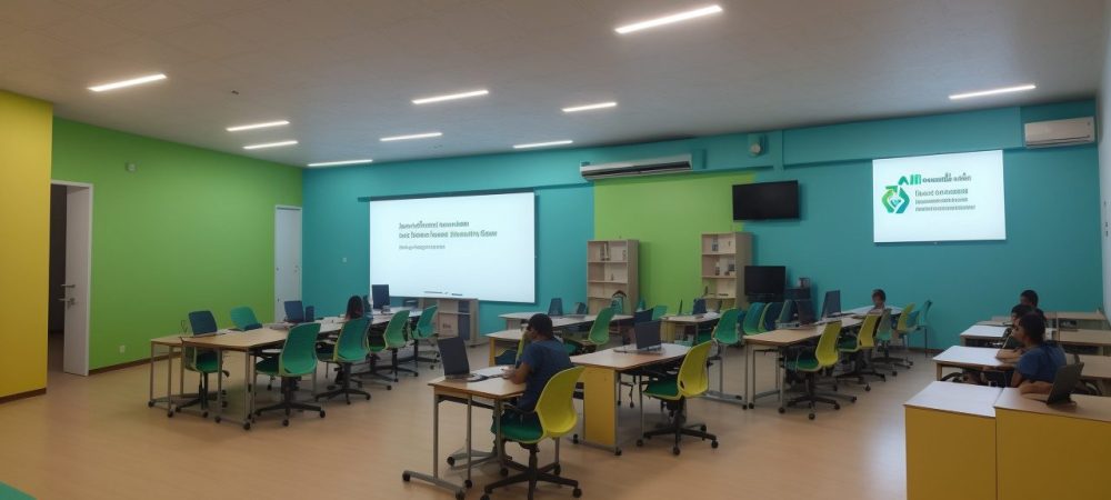 Sala de aula com alunos usando recursos visuais para dificuldades de aprendizagem