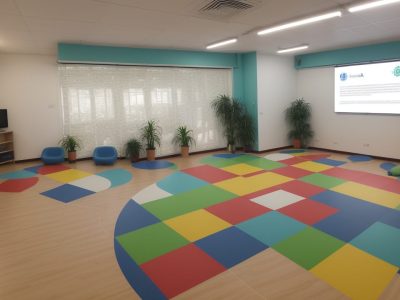 Ambiente escolar dinâmico com alunos participando de atividades interativas para dificuldades de aprendizagem