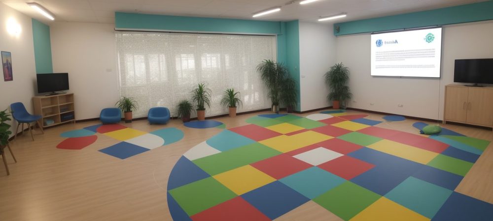 Ambiente escolar dinâmico com alunos participando de atividades interativas para dificuldades de aprendizagem