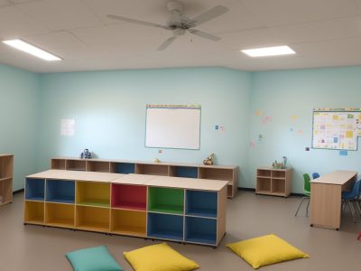 Professora utilizando estratégias de intervenção para autismo em sala de aula, com crianças interagindo e aprendendo ativamente.