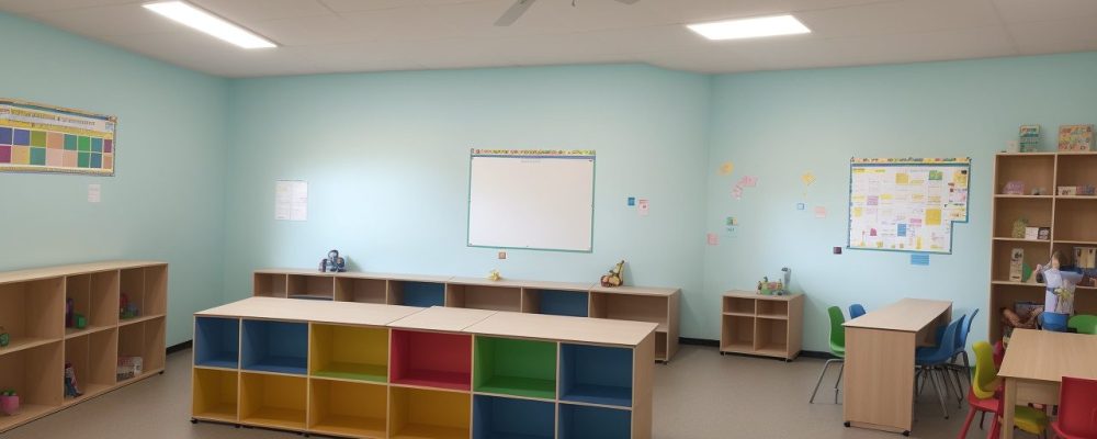 Professora utilizando estratégias de intervenção para autismo em sala de aula, com crianças interagindo e aprendendo ativamente.