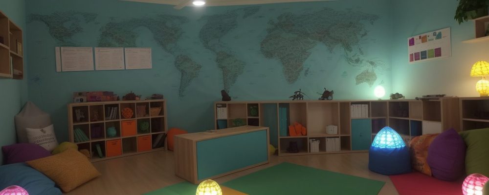 Sala de aula adaptada com alunos usando recursos visuais para superar dificuldades de aprendizagem