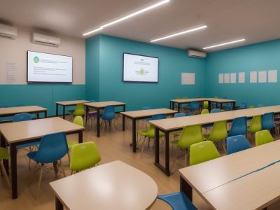 Sala de aula moderna com alunos utilizando jogos e materiais didáticos para dificuldades de aprendizagem.