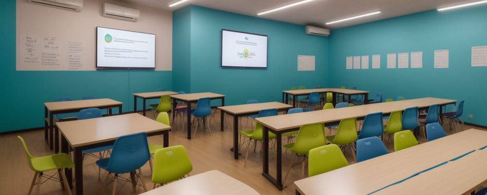 Sala de aula moderna com alunos utilizando jogos e materiais didáticos para dificuldades de aprendizagem.