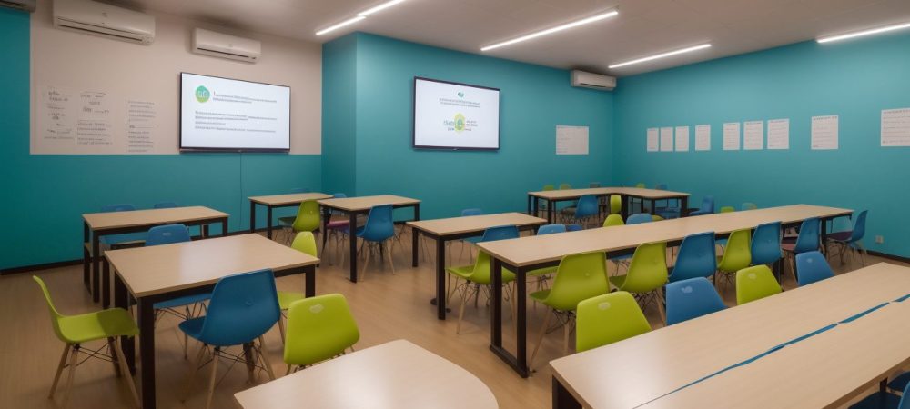 Sala de aula moderna com alunos utilizando jogos e materiais didáticos para dificuldades de aprendizagem.