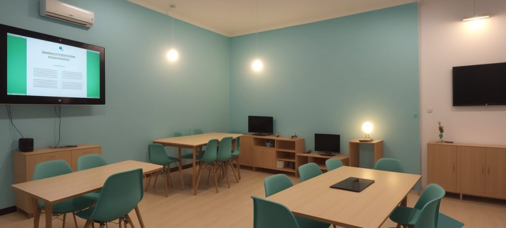 Sala de aula moderna com estudantes utilizando tecnologias educativas para dificuldades de aprendizagem