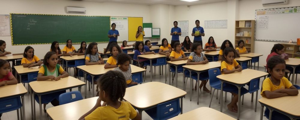 Sala de aula inclusiva com estudantes engajados em atividades práticas enfrentando dificuldades de aprendizagem.