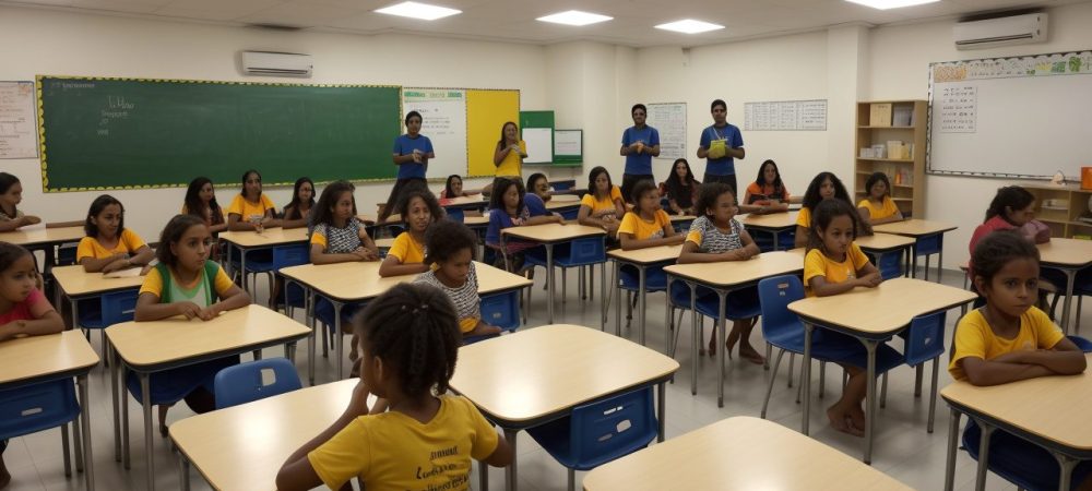 Sala de aula inclusiva com estudantes engajados em atividades práticas enfrentando dificuldades de aprendizagem.