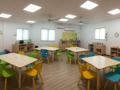 Ambiente de aprendizagem dinâmico com estudantes aplicando estratégias para dificuldades de aprendizagem infantil.