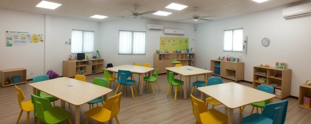 Ambiente de aprendizagem dinâmico com estudantes aplicando estratégias para dificuldades de aprendizagem infantil.